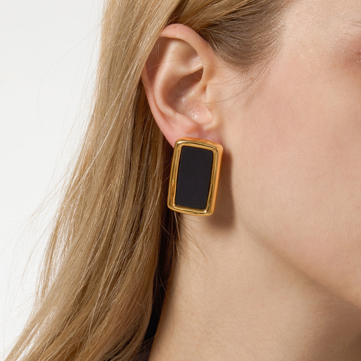 Gold Plated Square Statement Earrings - Vintage Black Enamel & Crystal Geometric Jewelry for Women