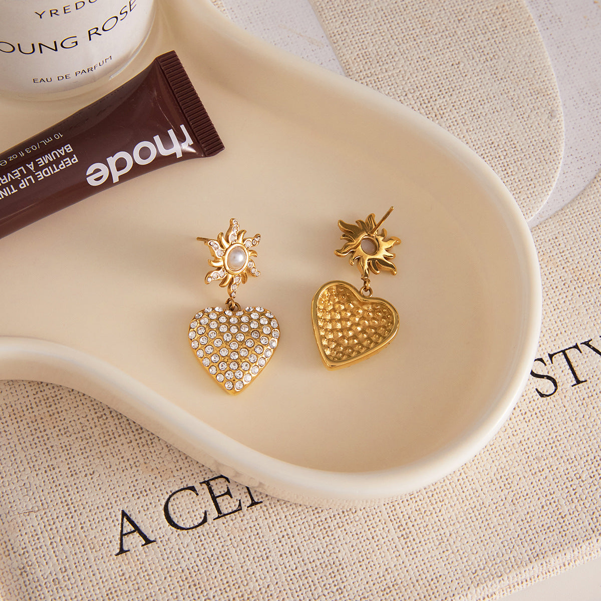 Sun & Heart CZ Pearl Gold Statement Earrings - Vintage-Inspired Sparkly Jewelry for Women
