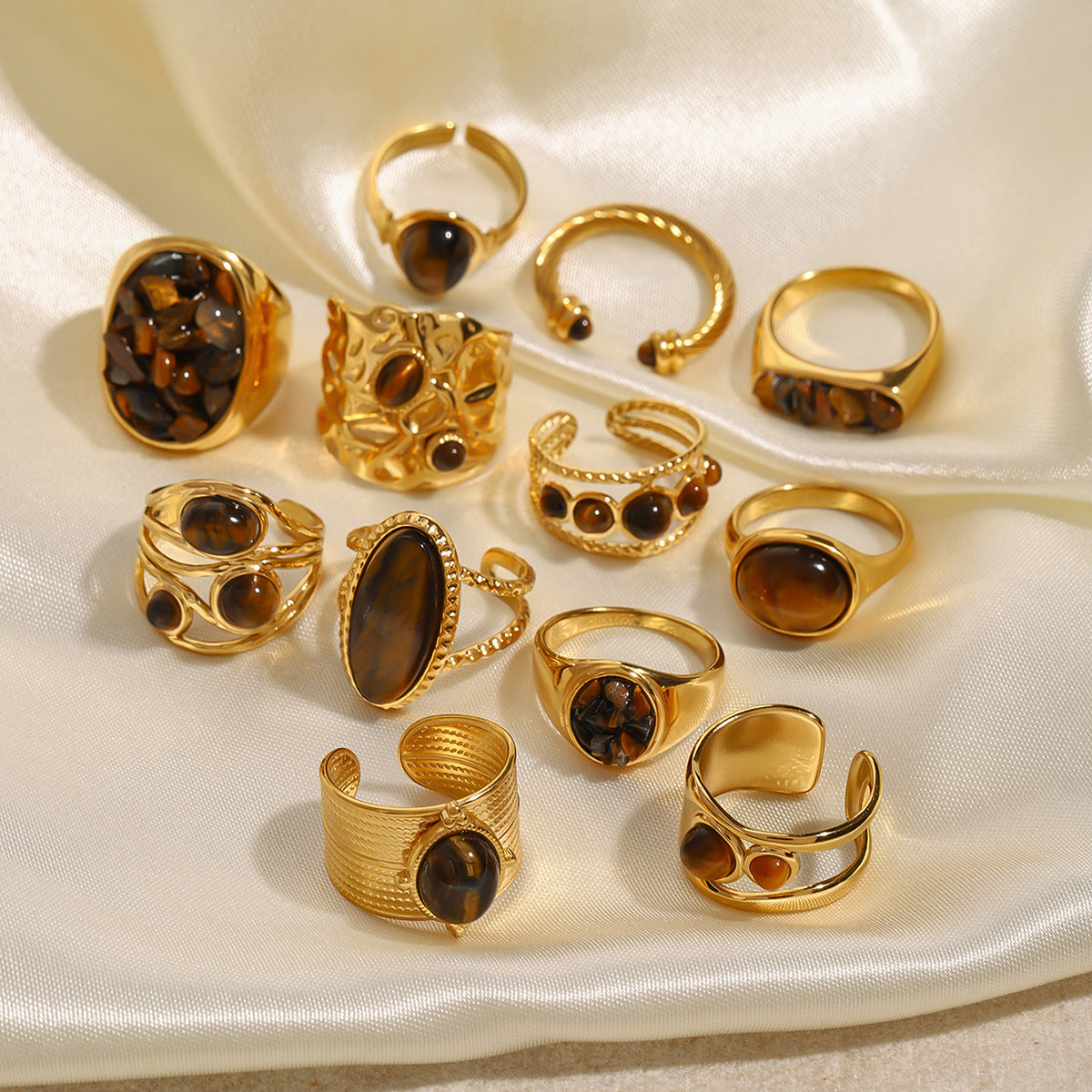 Tiger Eye Gold Ring Set - Multi-Style Boho Statement Rings for Women