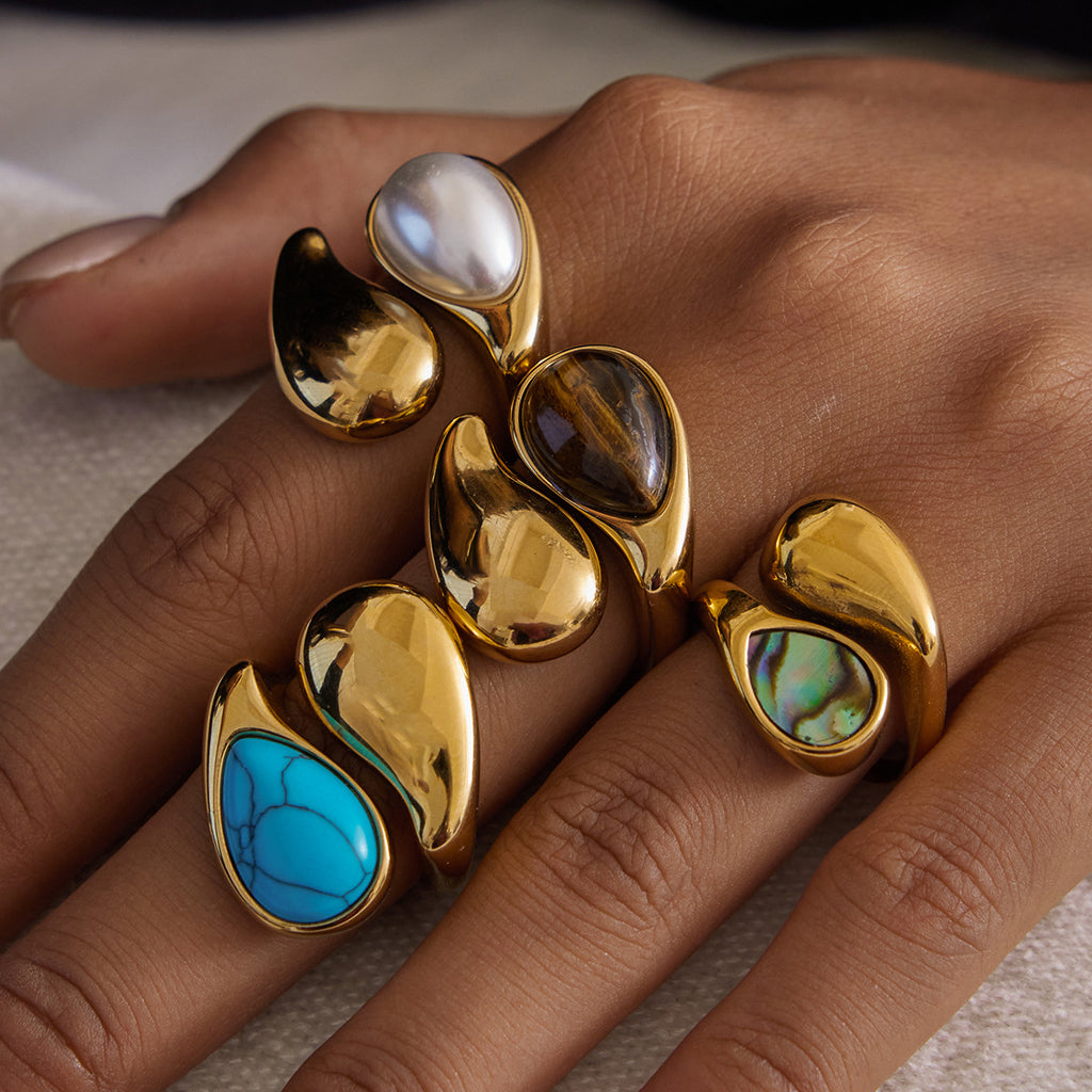 Gold Evil Eye Teardrop Ring Set - Turquoise/Pearl/Tiger Eye/Abalone Shell Stackable Statement Jewelry for Women