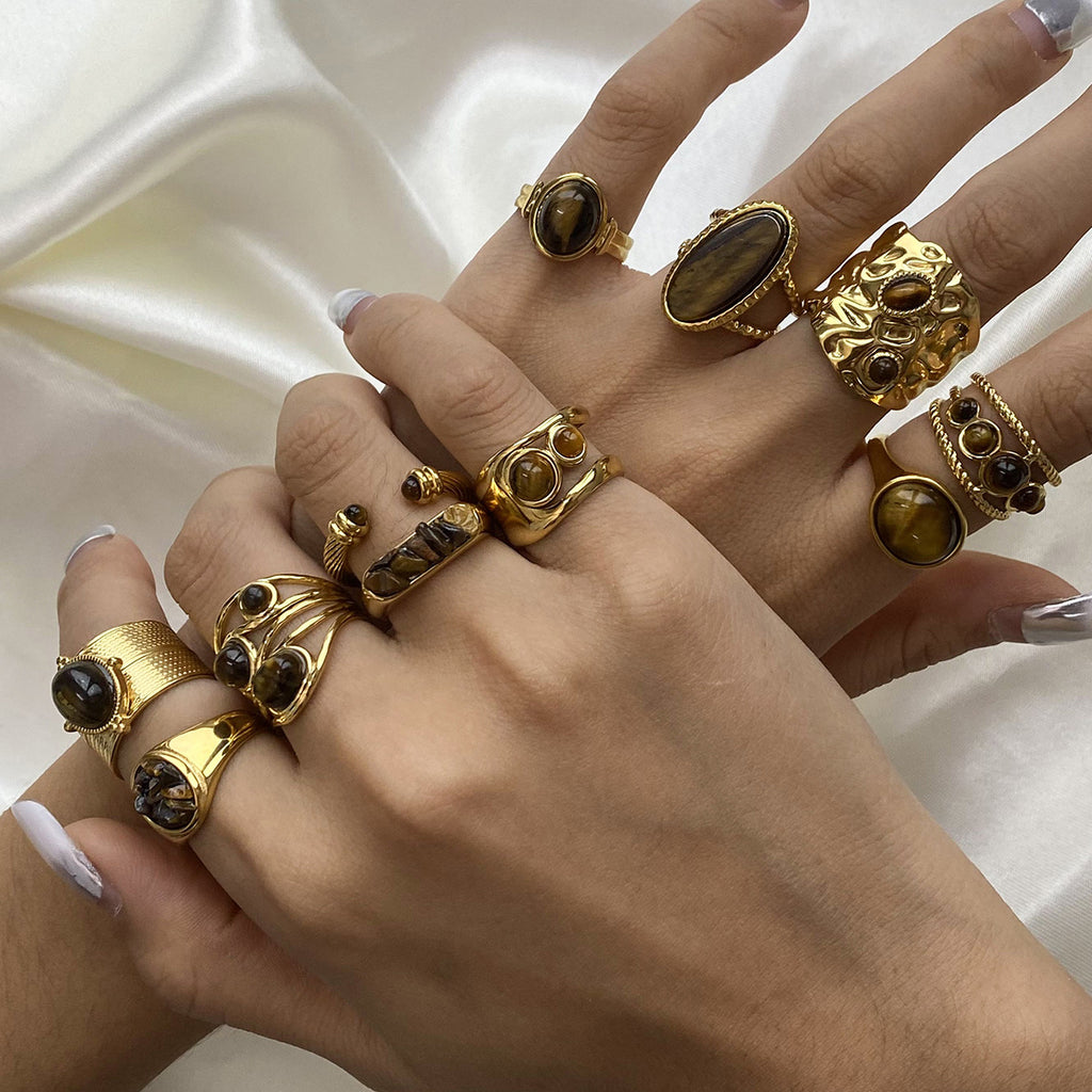 Tiger Eye Gold Ring Set - Multi-Style Boho Statement Rings for Women