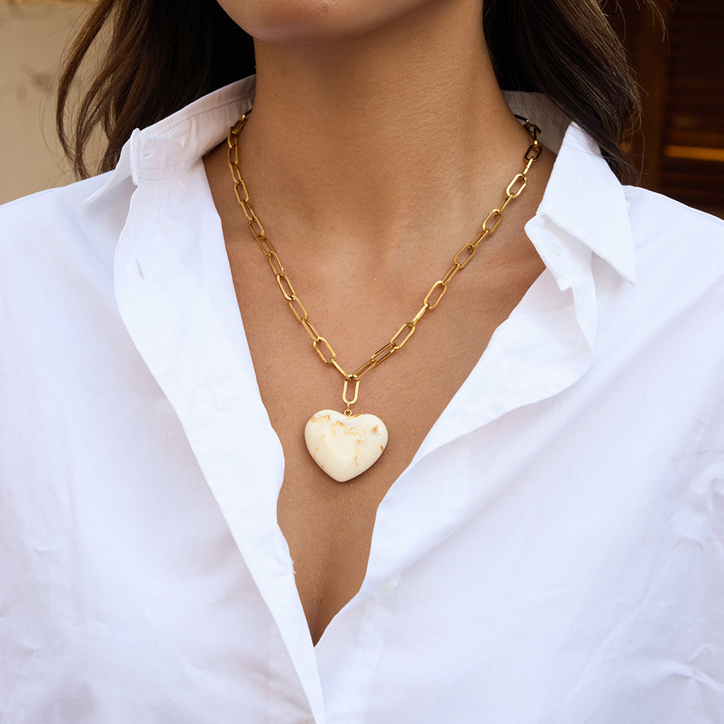 Gold Animal Print Heart Pendant Necklace Set - Marble Tiger Eye Statement Jewelry for Women