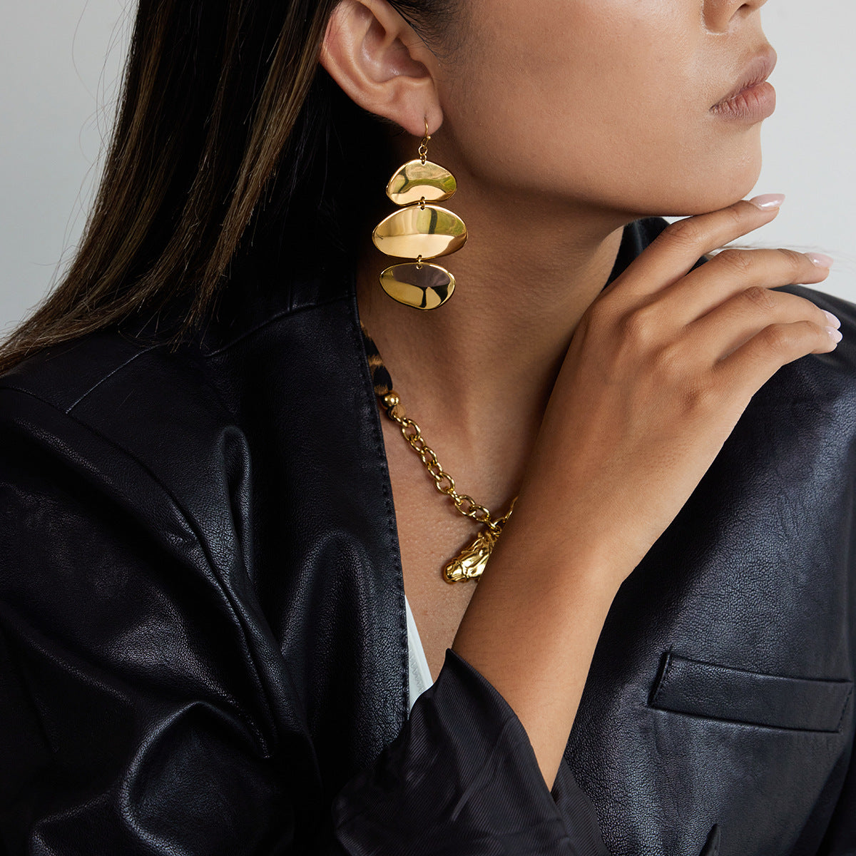 Gold Plated Three-Tiered Pebble-Shaped Drop Earrings - Bold Minimalist Statement Jewelry for Women