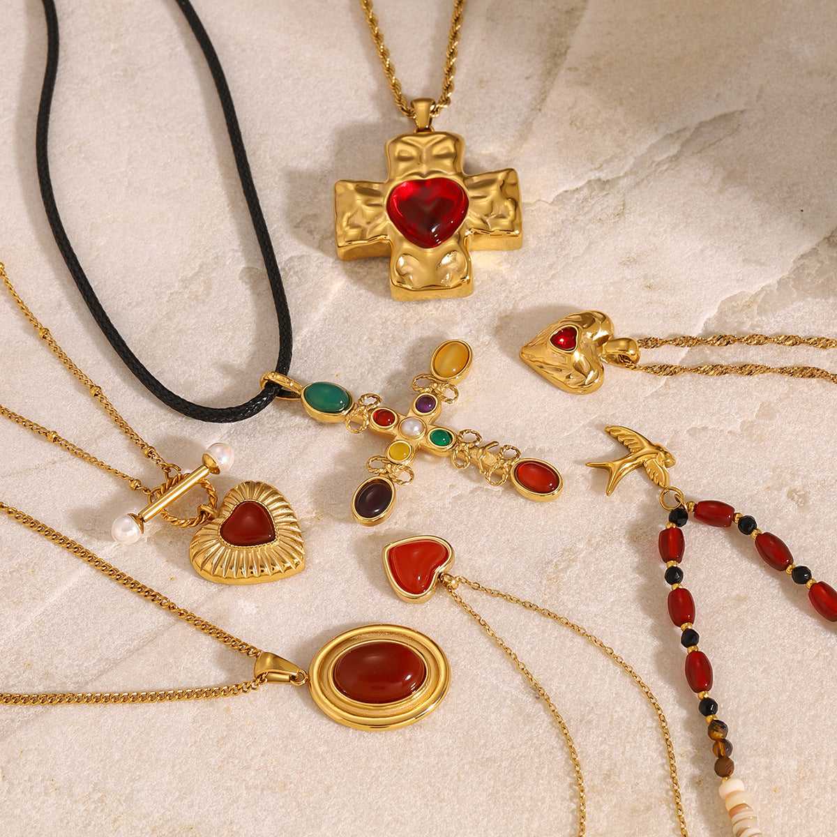 Gold Multi-Design Necklace Set - Cross & Heart Pendants with Carnelian/Colored Gems (Metal/Leather Cord) Statement Jewelry for Women