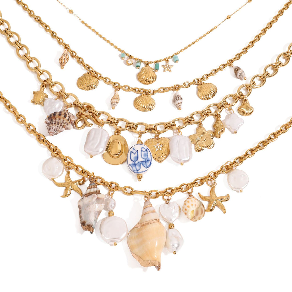 Gold Layered Ocean Theme Necklace Set - Shell/Starfish/Conch/Pearl Charms | Beach Nautical Statement Jewelry for Women