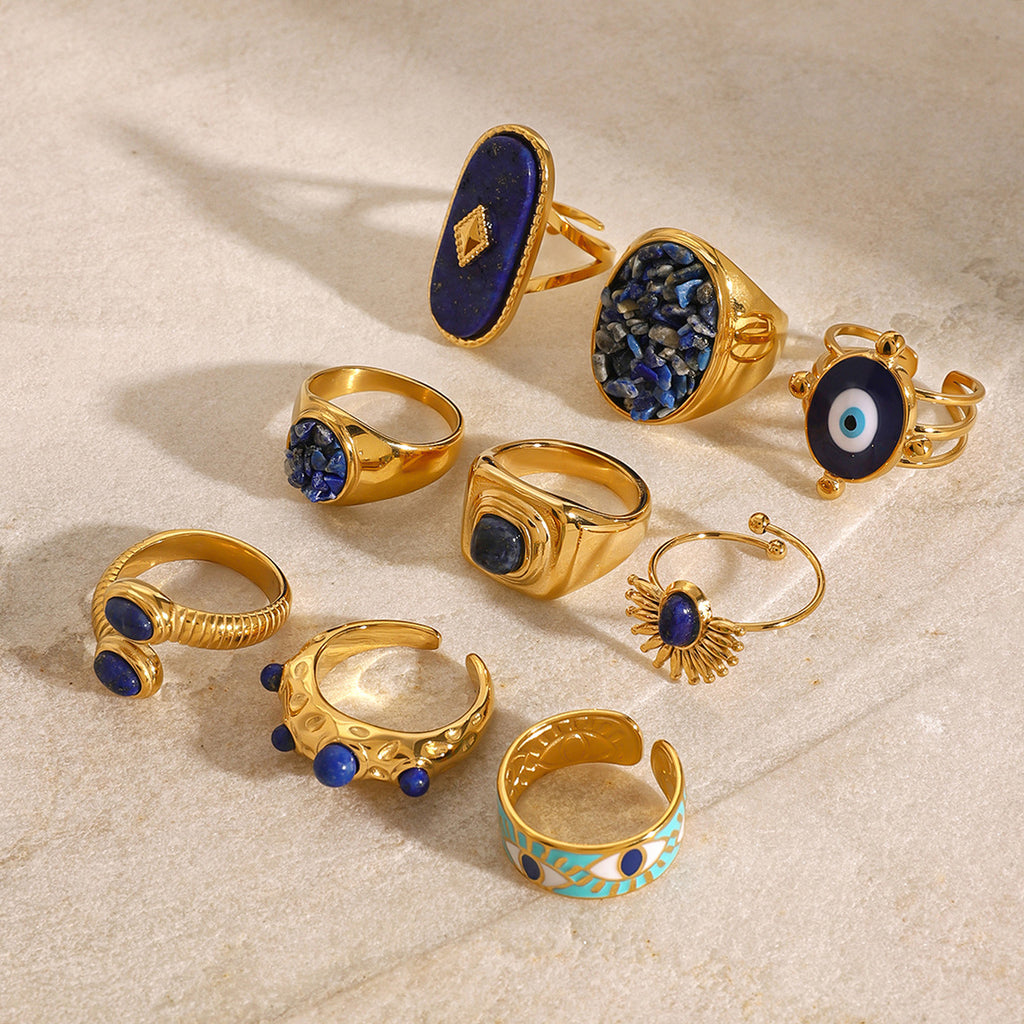 Lapis Lazuli Evil Eye Gold Ring Set - Multi-Style Boho Protective Statement Rings for Women