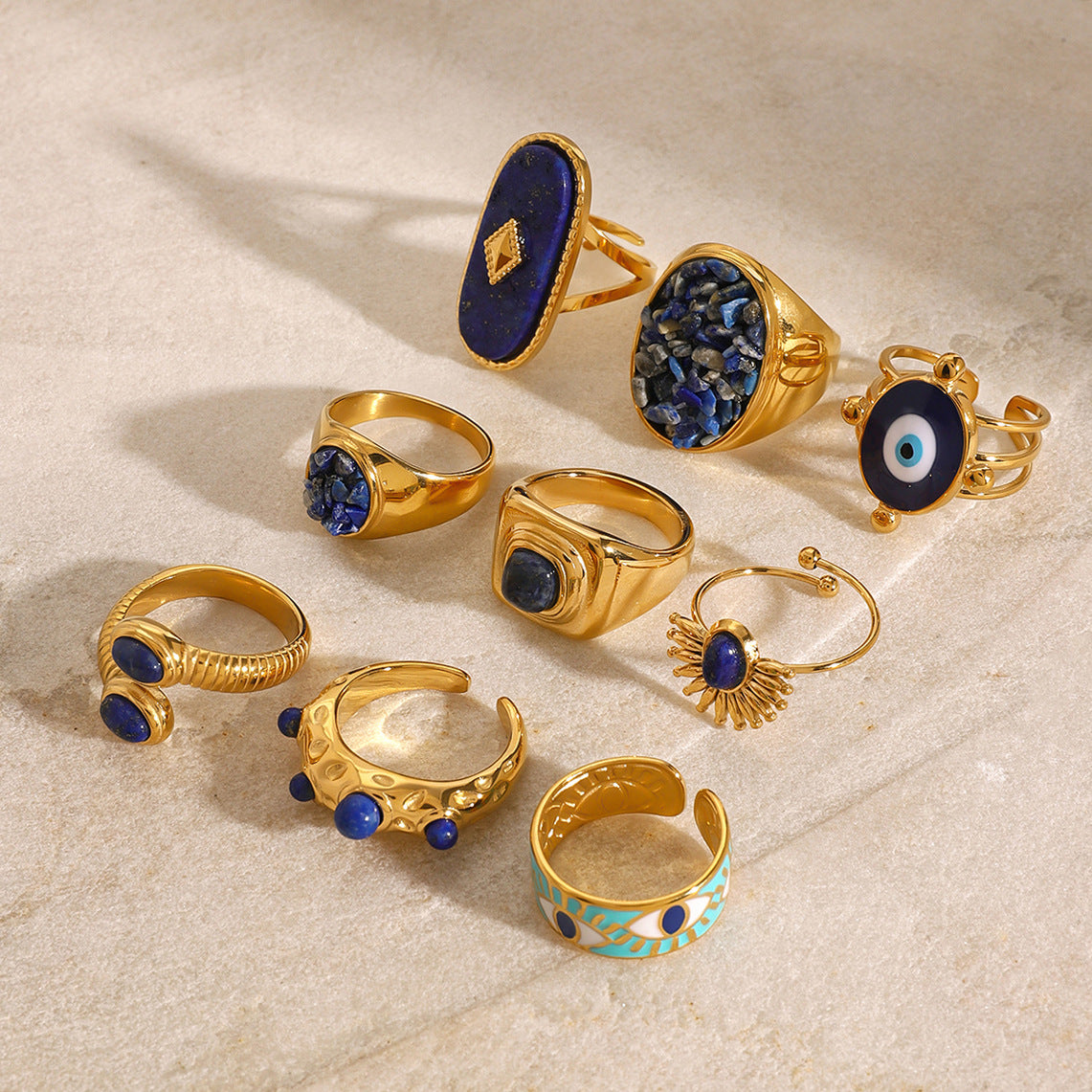 Lapis Lazuli Evil Eye Gold Ring Set - Multi-Style Boho Protective Statement Rings for Women