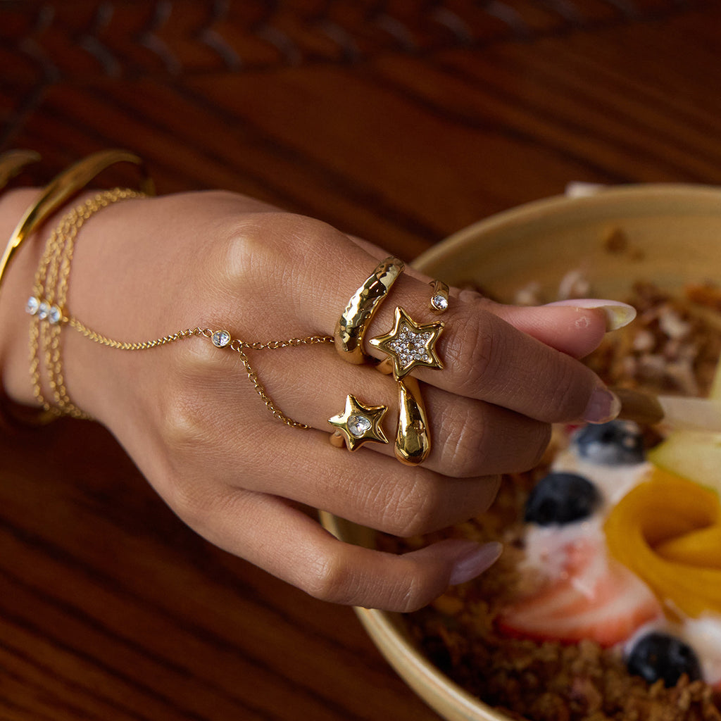 Gold & Silver Star Ring Set - Rhinestone-Accented Stackable Rings | Adjustable Open/Close Band Statement Jewelry for Women