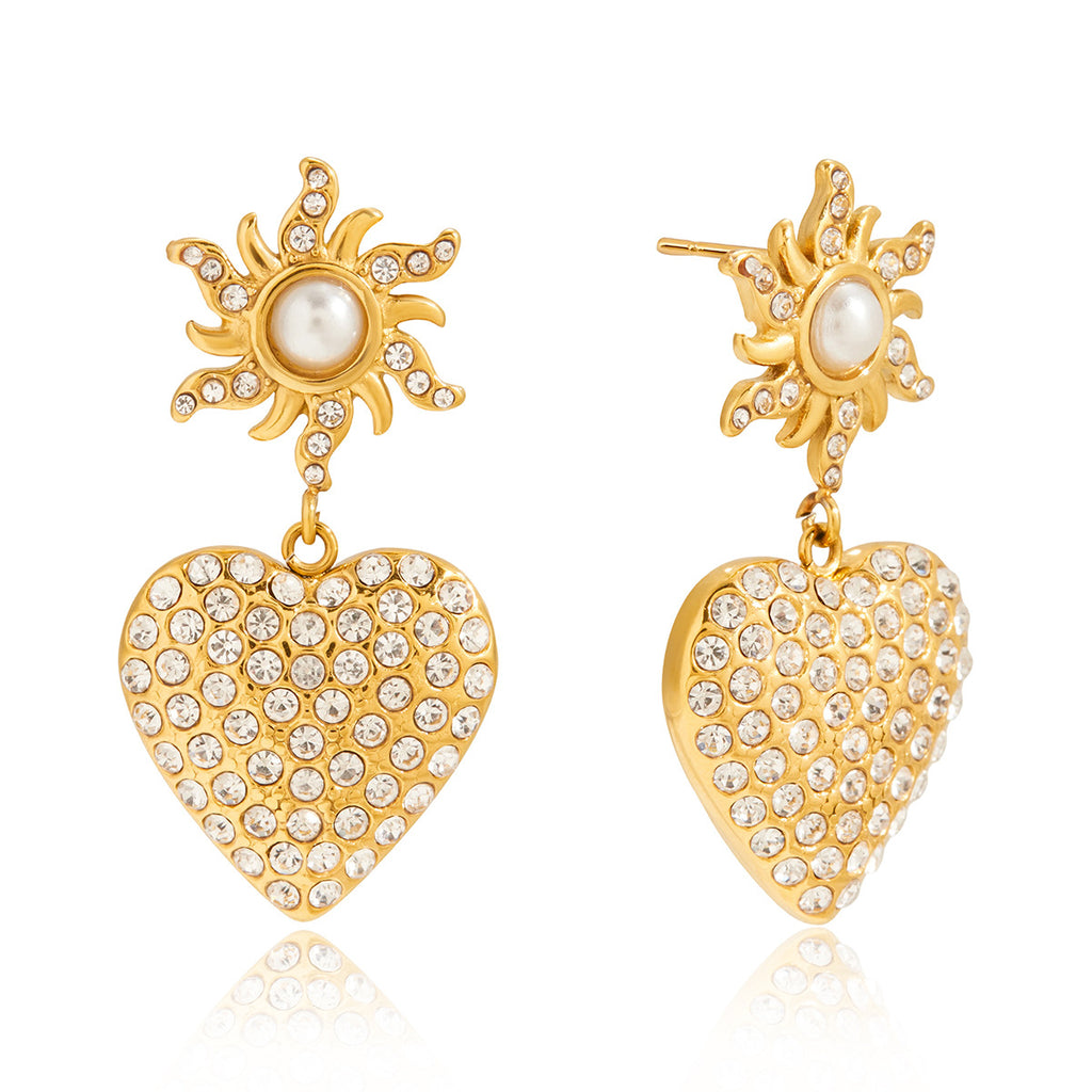 Sun & Heart CZ Pearl Gold Statement Earrings - Vintage-Inspired Sparkly Jewelry for Women