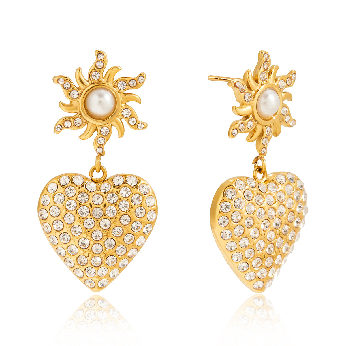 Sun & Heart CZ Pearl Gold Statement Earrings - Vintage-Inspired Sparkly Jewelry for Women