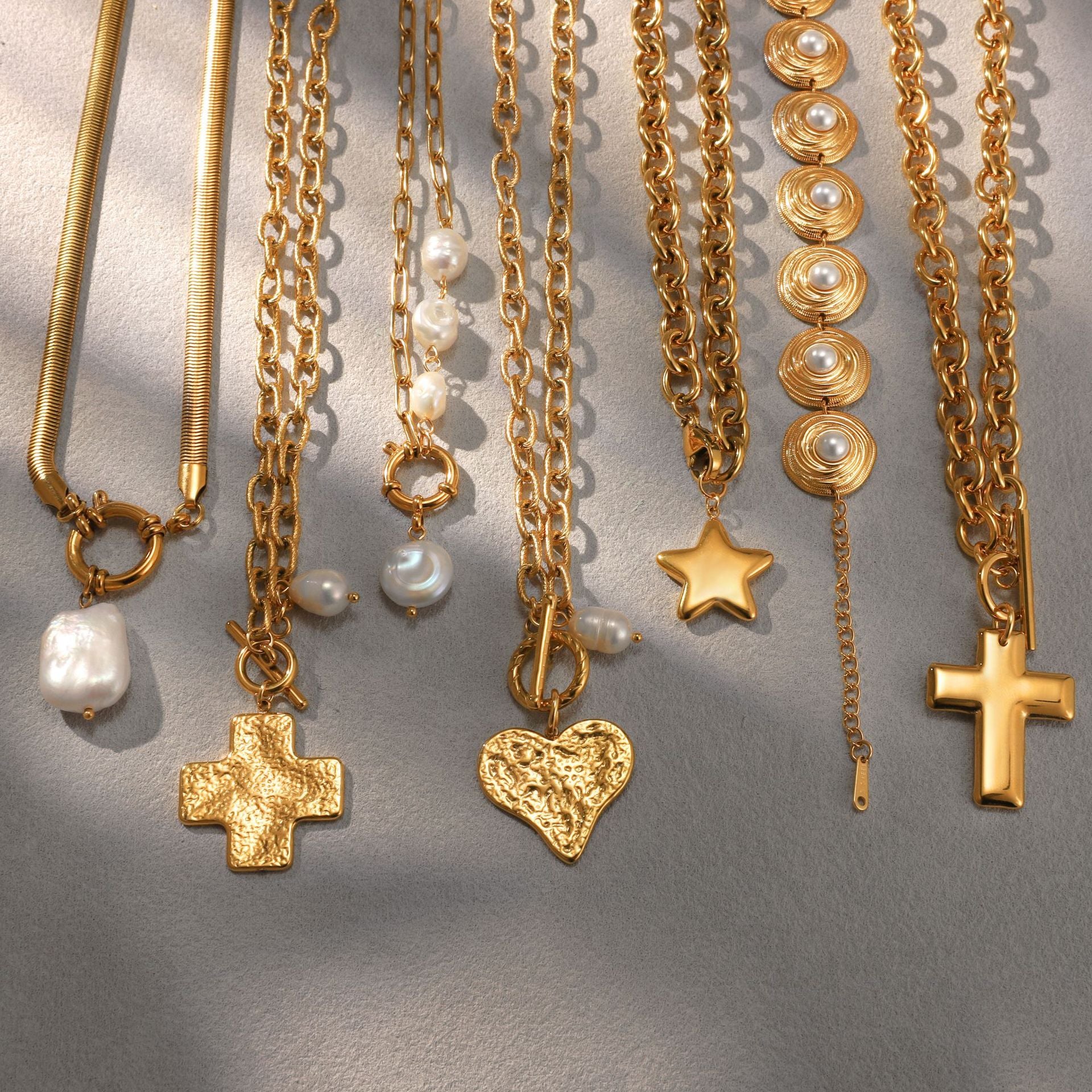 Gold Multi-Style Necklace Set - Pearl/Cross/Heart/Star Pendants (Snake/Curb Chain) Statement Jewelry for Women
