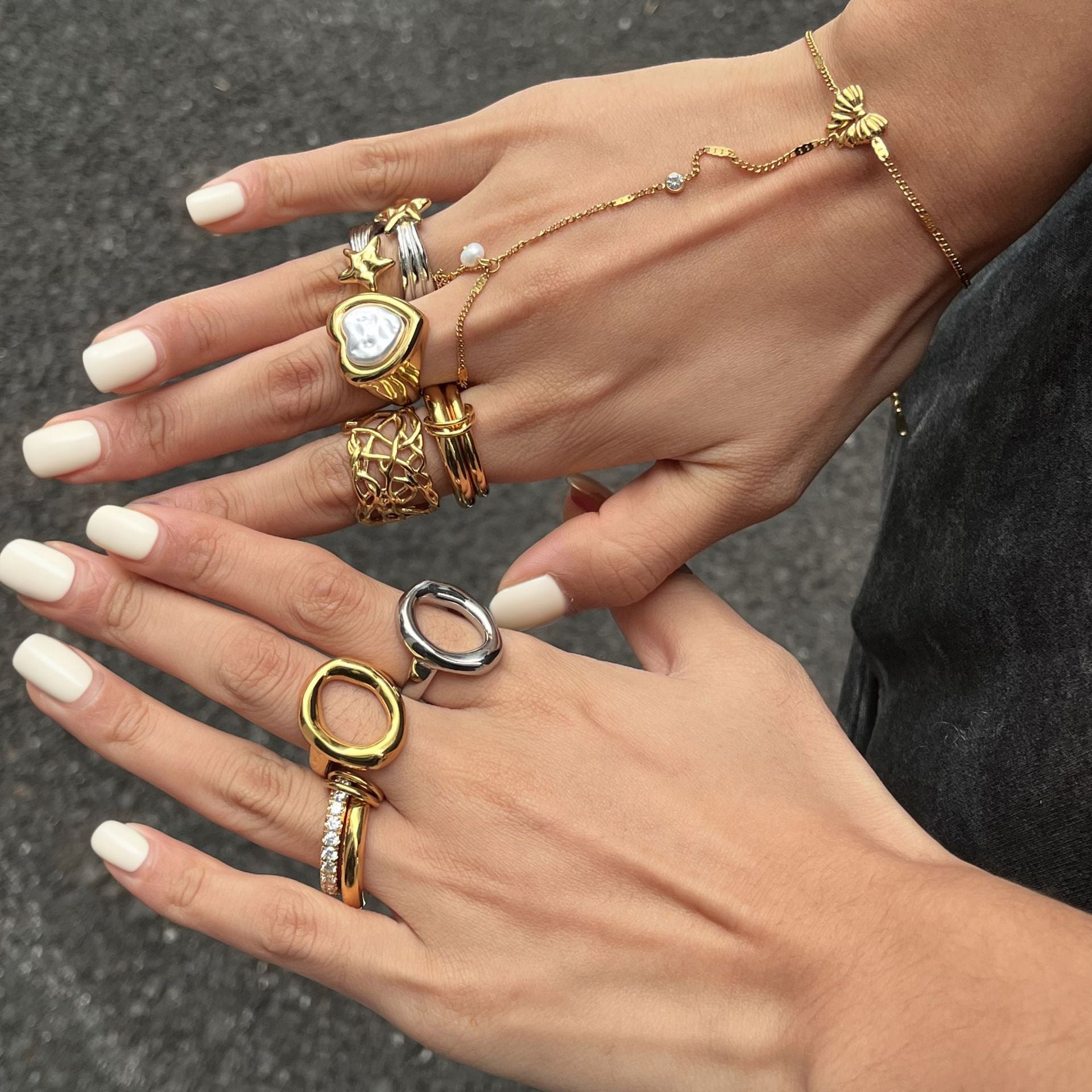 Gold Silver Stackable Ring & Bracelet Set - Vintage Multi-Style Statement Jewelry with Pearl & Geometric Designs for Women