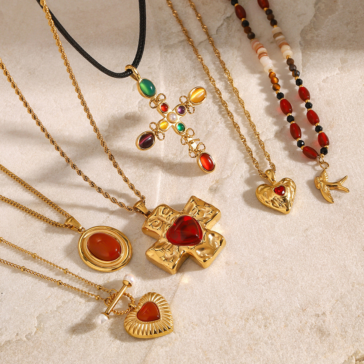 Gold Multi-Design Necklace Set - Cross & Heart Pendants with Carnelian/Colored Gems (Metal/Leather Cord) Statement Jewelry for Women