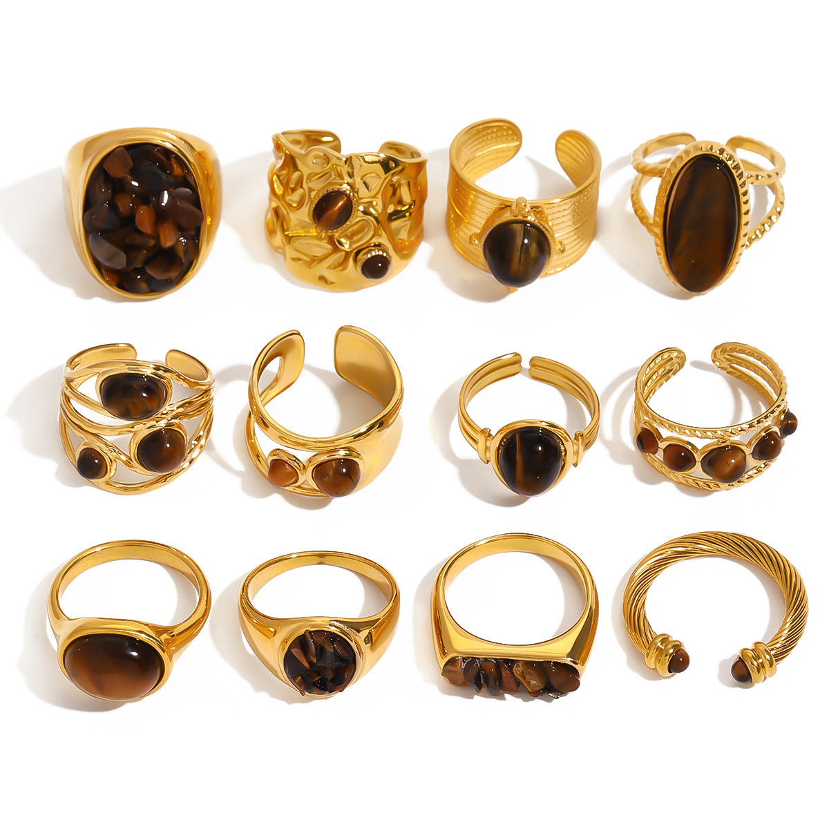 Tiger Eye Gold Ring Set - Multi-Style Boho Statement Rings for Women