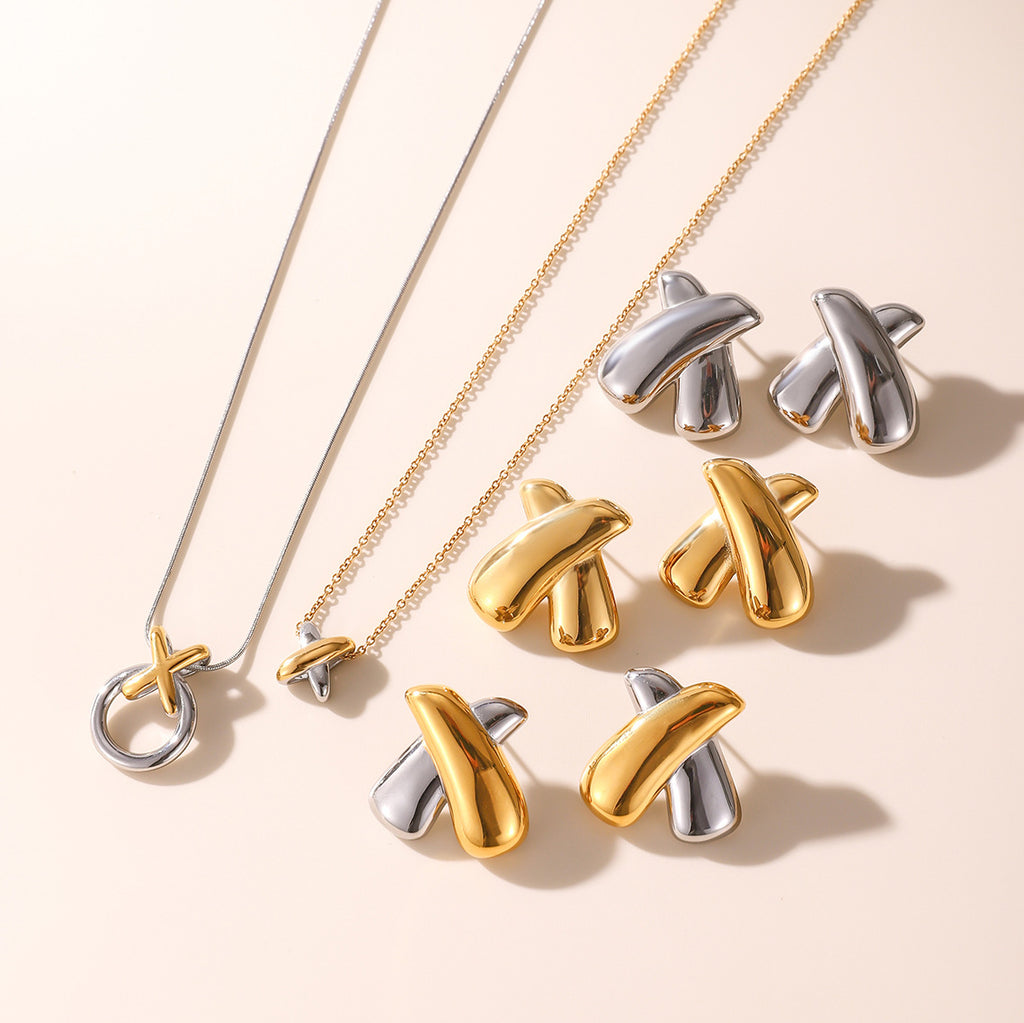 Two-Tone X-Cross Statement Jewelry Set - Gold Silver Minimalist Necklaces & Earrings for Women