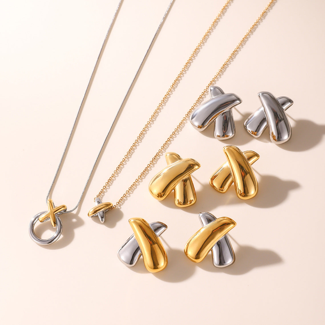 Two-Tone X-Cross Statement Jewelry Set - Gold Silver Minimalist Necklaces & Earrings for Women