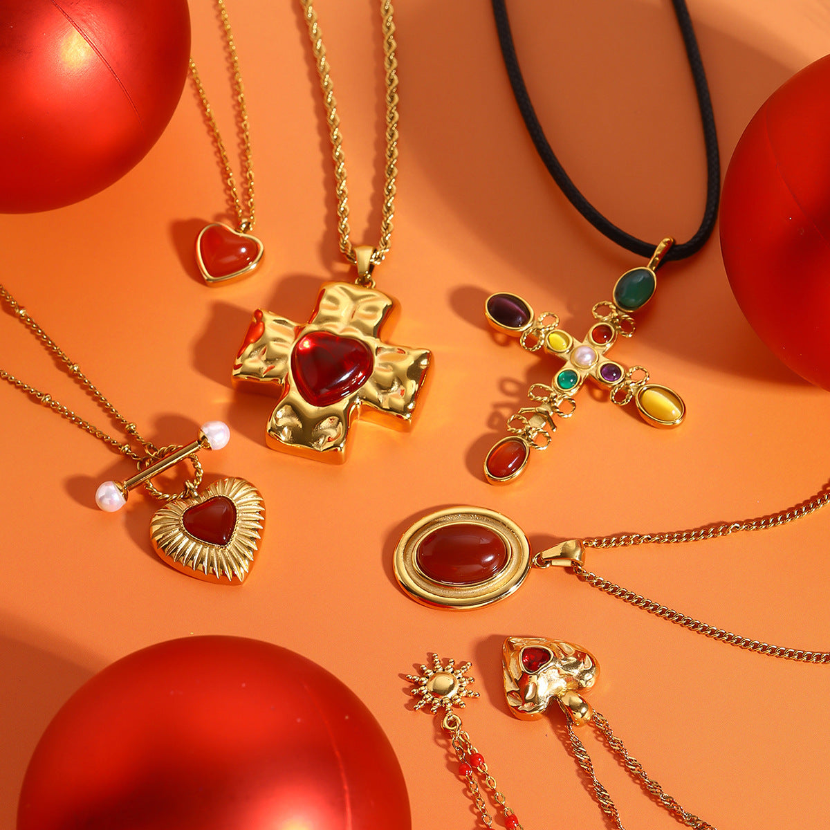 Gold Multi-Design Necklace Set - Cross & Heart Pendants with Carnelian/Colored Gems (Metal/Leather Cord) Statement Jewelry for Women