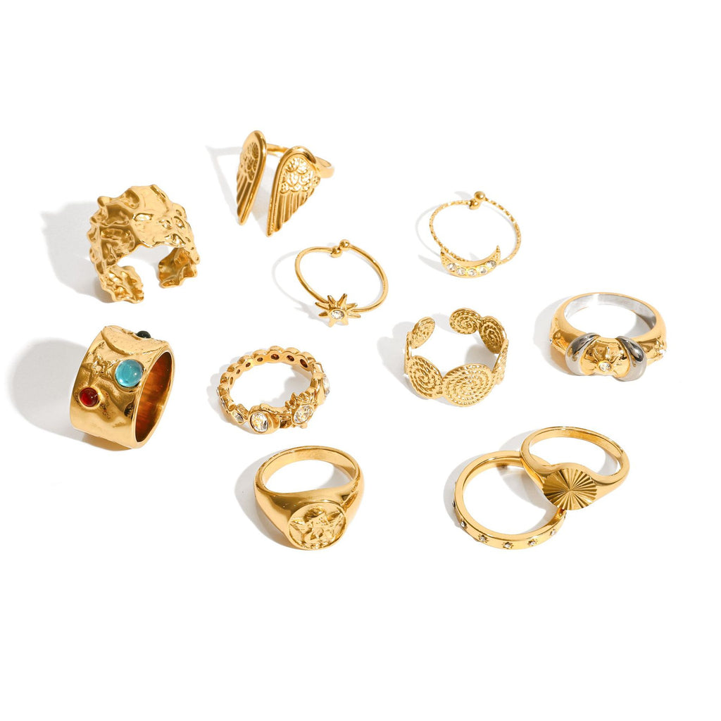 Vintage Artistic Gold Ring Set - Multi-Style Statement Rings with Gemstone & Textured Designs for Women