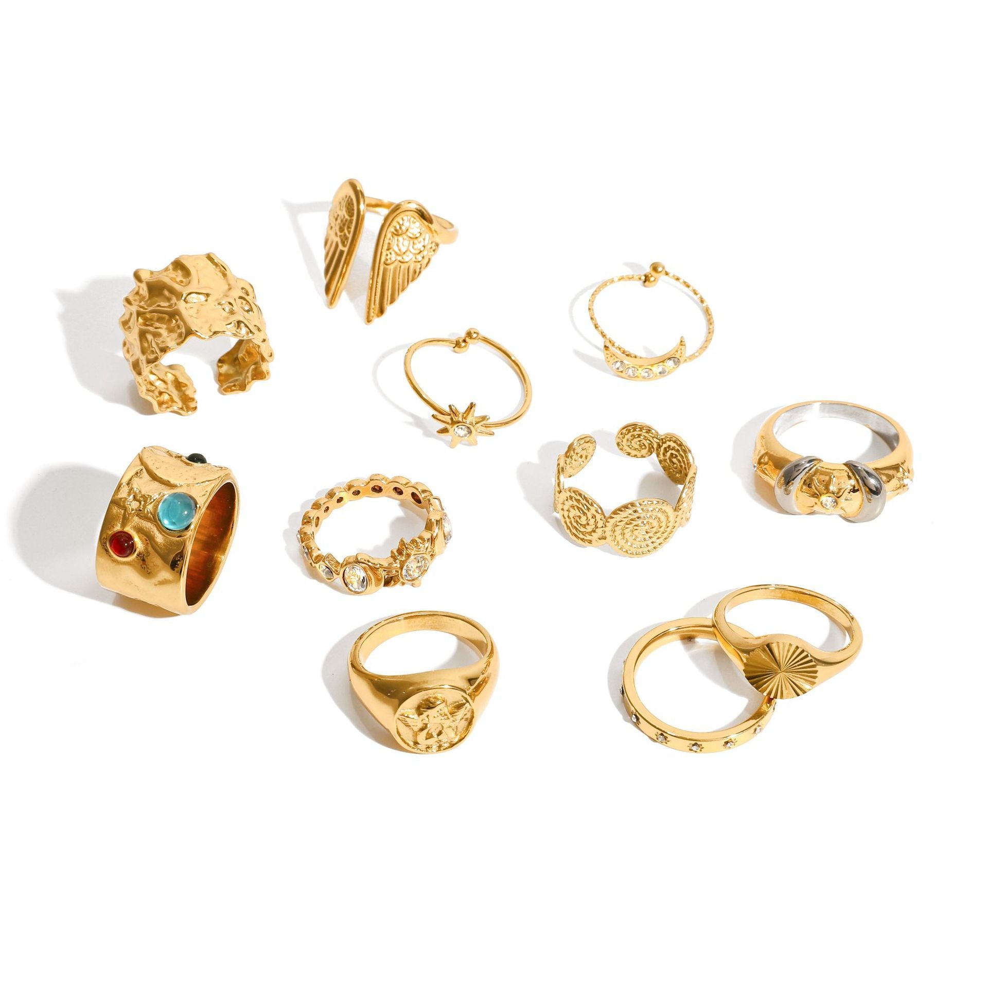 Vintage Artistic Gold Ring Set - Multi-Style Statement Rings with Gemstone & Textured Designs for Women
