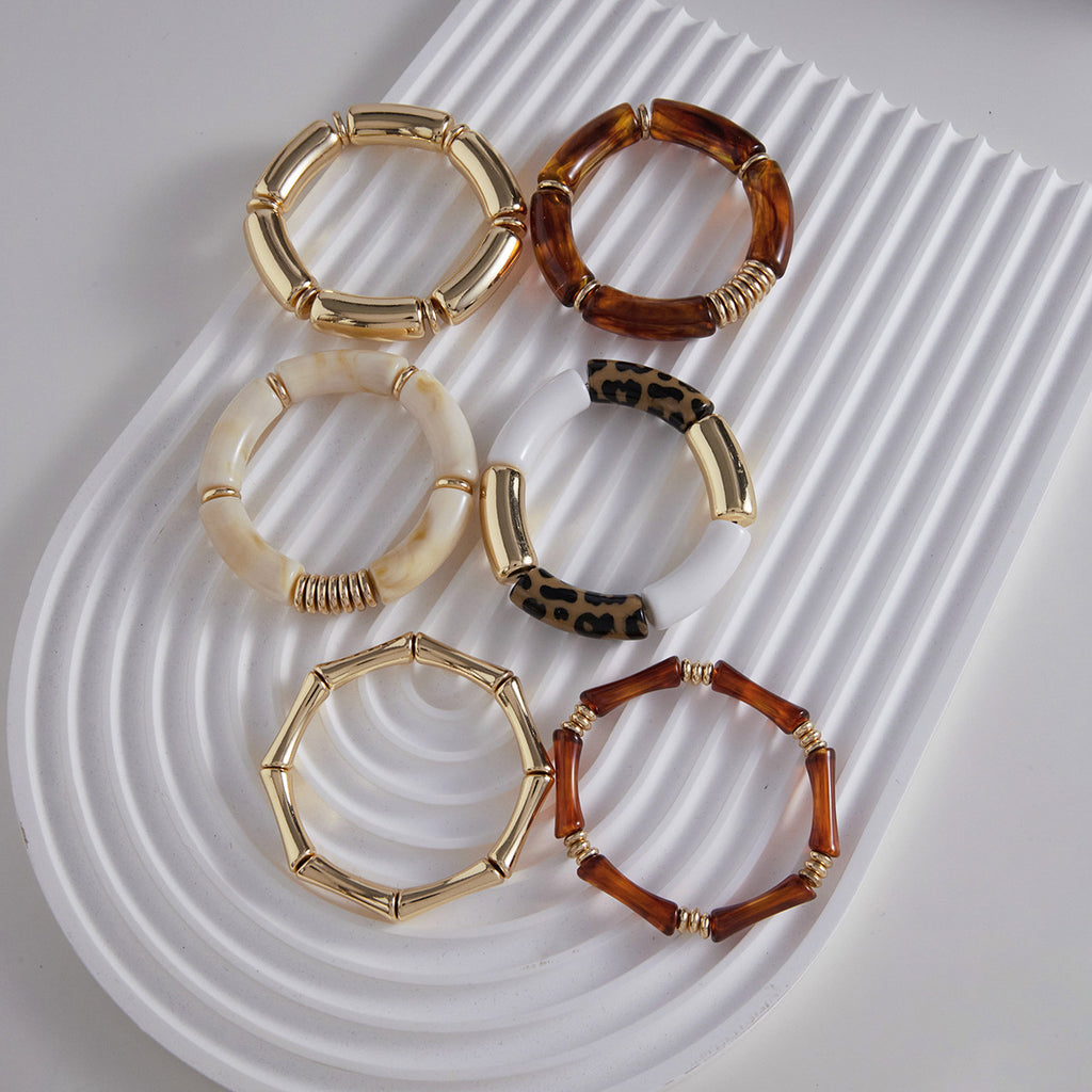 Maillard Color Scheme Stackable Bracelet Set | Acrylic & Gold-Tone Metal Vintage Trendy Bracelets | Assorted Leopard Print & Solid Design Chunky Cuff Bracelets for Women | Fashion Daily Wear & Party Stacking Jewelry