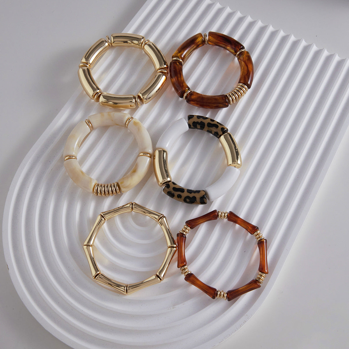 Maillard Color Scheme Stackable Bracelet Set | Acrylic & Gold-Tone Metal Vintage Trendy Bracelets | Assorted Leopard Print & Solid Design Chunky Cuff Bracelets for Women | Fashion Daily Wear & Party Stacking Jewelry