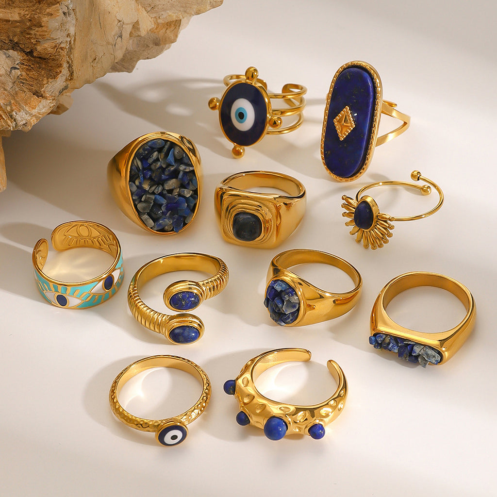 Lapis Lazuli Evil Eye Gold Ring Set - Multi-Style Boho Protective Statement Rings for Women