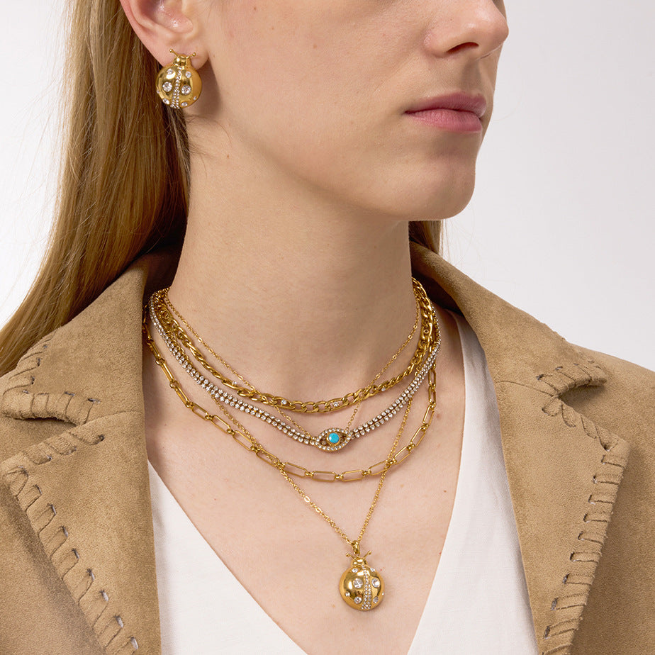 Gold Layered Necklace & Ladybug Earring Set - CZ Turquoise Statement Jewelry for Women