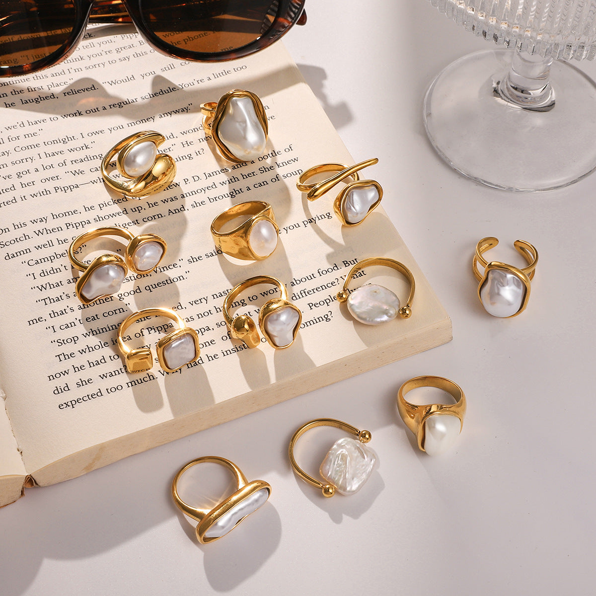 Gold Baroque Pearl Multi-Style Stackable Ring Set - Irregular Pearl (Open/Closed Band) Statement Jewelry for Women