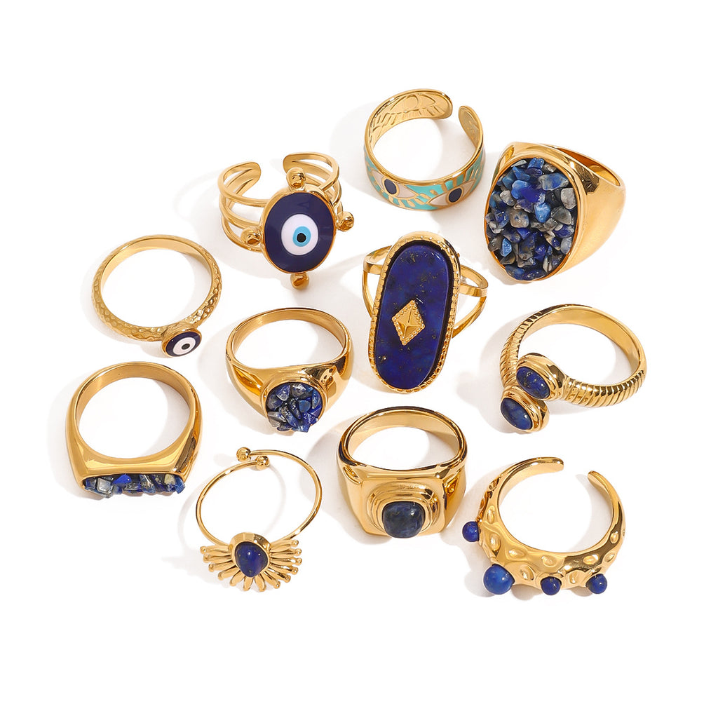 Lapis Lazuli Evil Eye Gold Ring Set - Multi-Style Boho Protective Statement Rings for Women