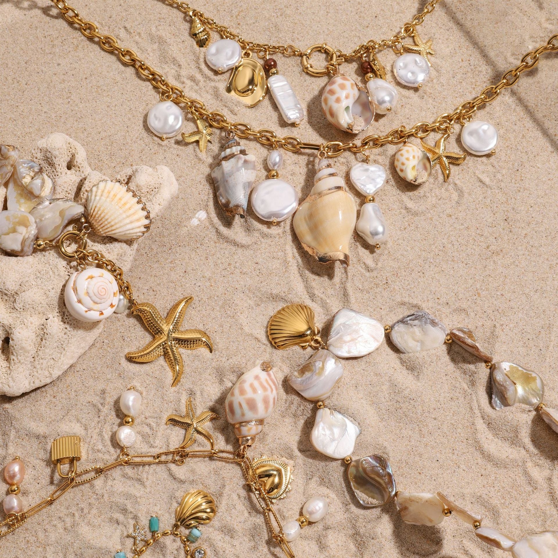 Gold Layered Ocean Theme Necklace Set - Shell/Starfish/Conch/Pearl Charms | Beach Nautical Statement Jewelry for Women