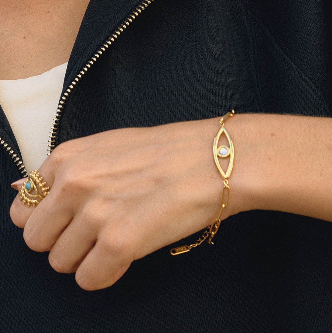 Gold Evil Eye Turquoise Jewelry Set - Layered Bracelets (Chain/Cuff) & Statement Ring | Boho Chic Statement Accessories for Women