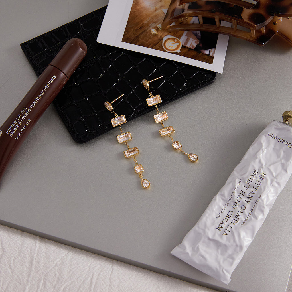 Gold Plated Multi-Shaped Clear Gem Long Drop Earrings - Rectangle/Drop Statement Jewelry for Women