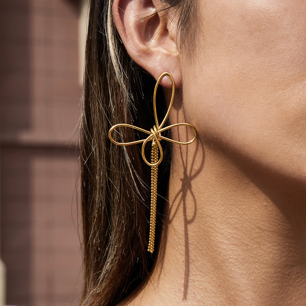 Gold Butterfly Tassel Chain Long Drop Earrings - Sleek Open-Design Statement Jewelry for Women