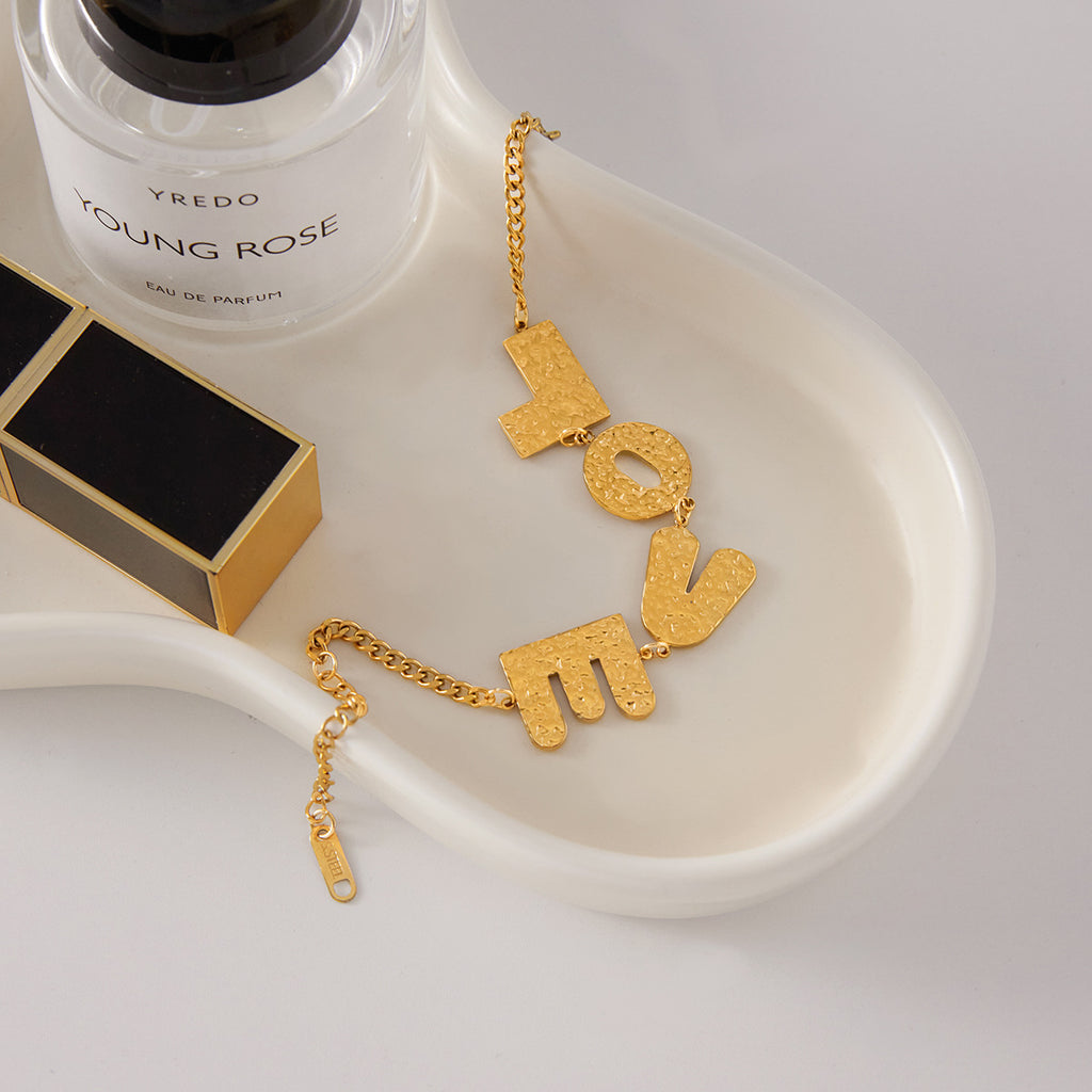 Gold Hammered LOVE Letter Necklace Set - Vintage-Inspired Dainty Chain Jewelry for Women