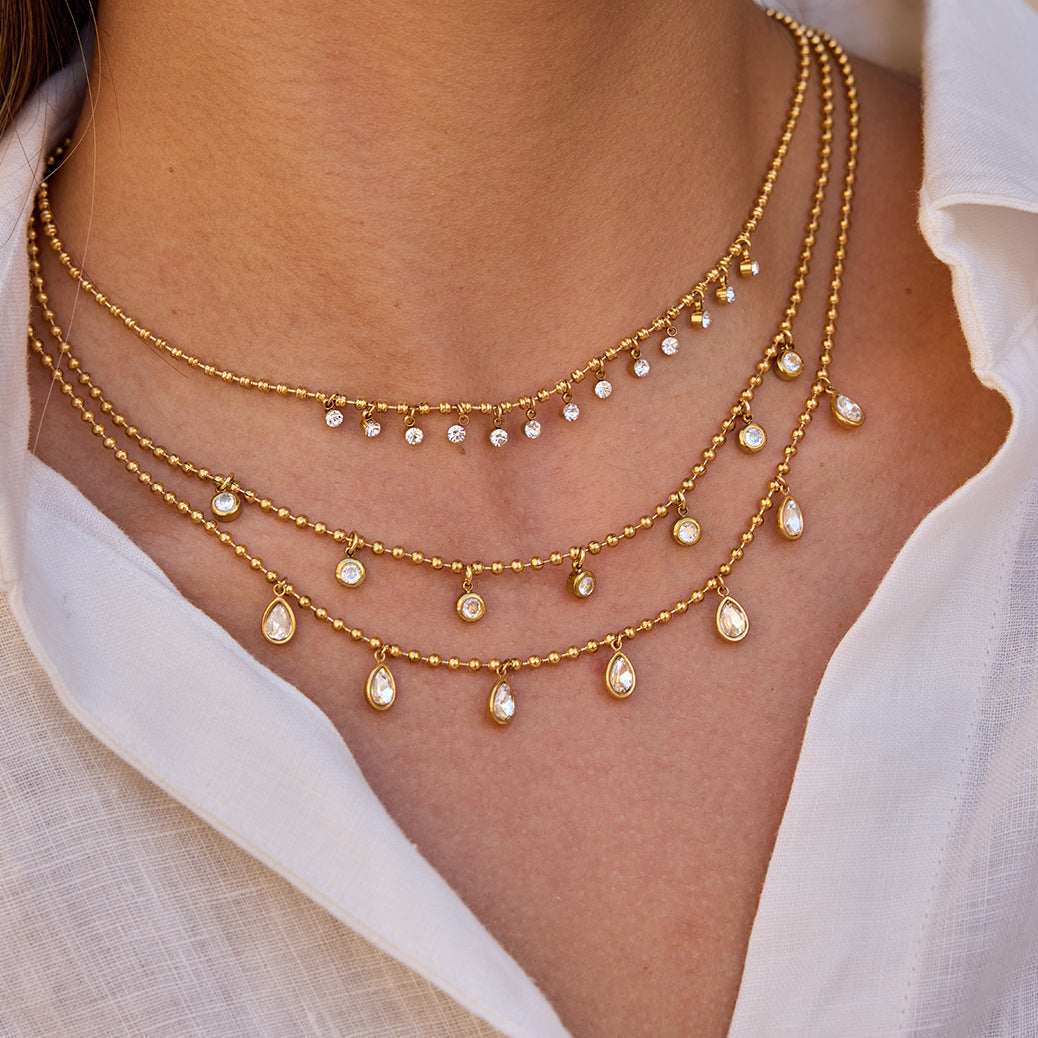 Gold Layered Beaded Chain Necklace Set - CZ Teardrop & Round Pendant Statement Jewelry for Women