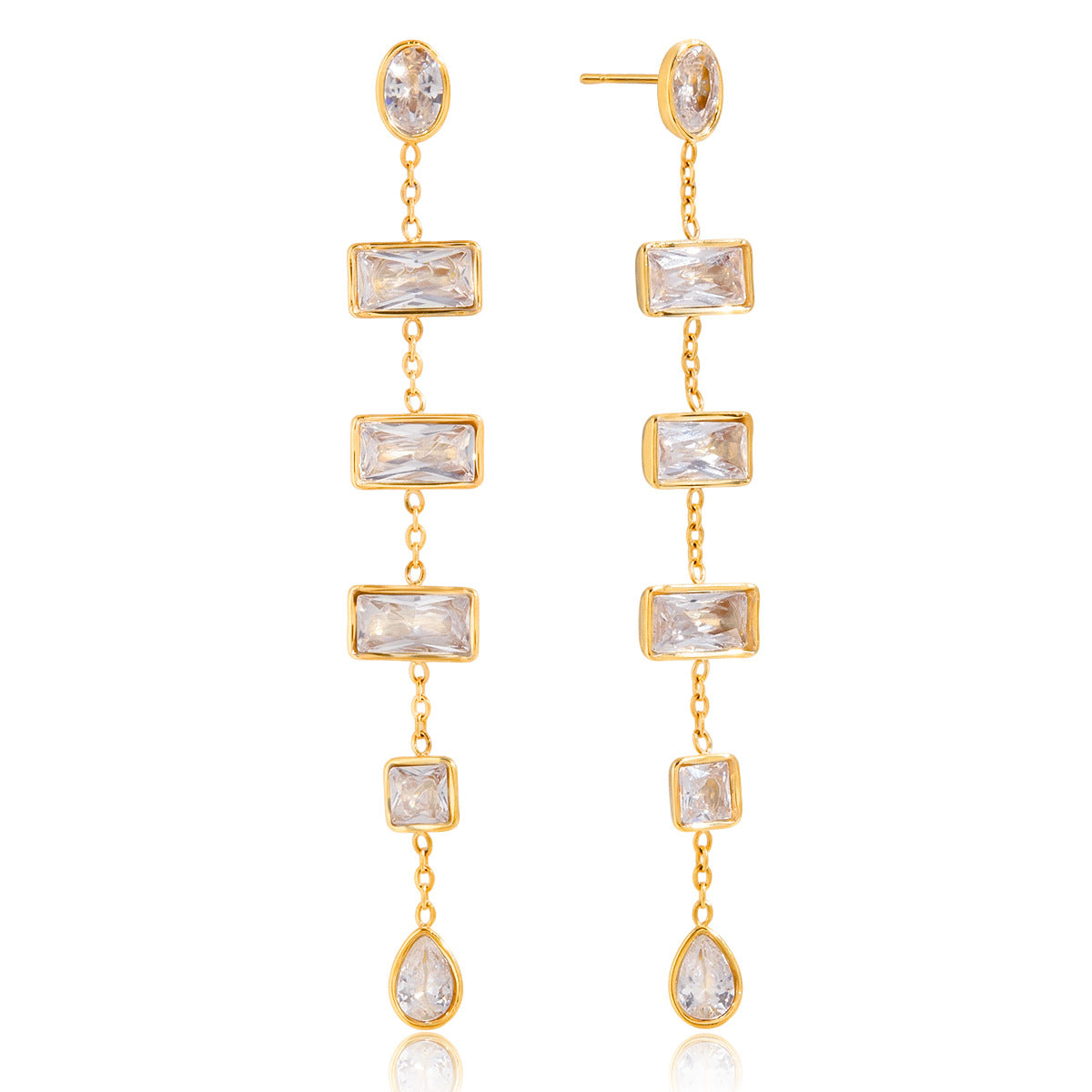 Gold Plated Multi-Shaped Clear Gem Long Drop Earrings - Rectangle/Drop Statement Jewelry for Women