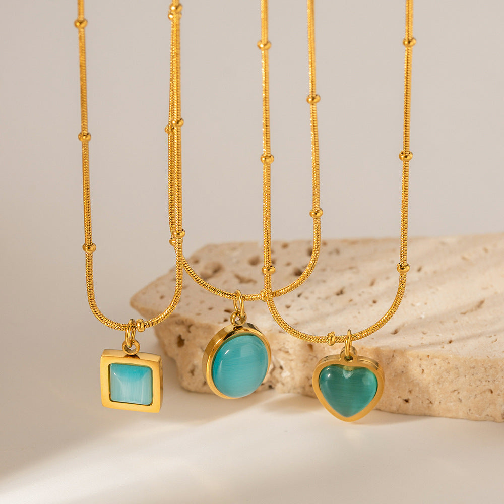 Gold Layered Turquoise Pendant Necklace Set - Heart/Circle/Square Gem Statement Jewelry for Women