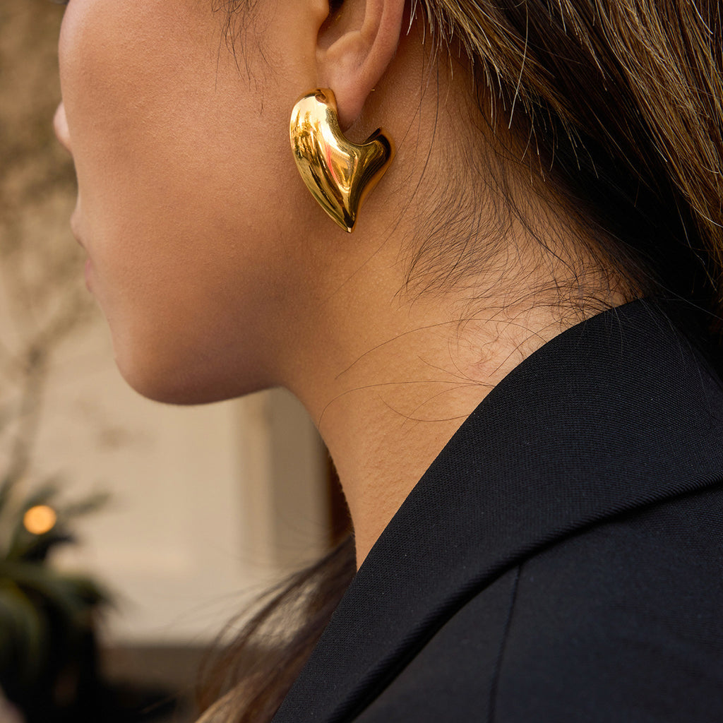 Gold Plated Bold Open Heart Statement Earrings - Sleek Sculpted Jewelry for Women