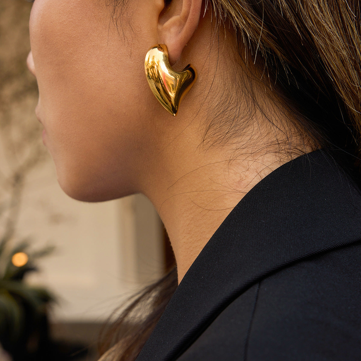 Gold Plated Bold Open Heart Statement Earrings - Sleek Sculpted Jewelry for Women