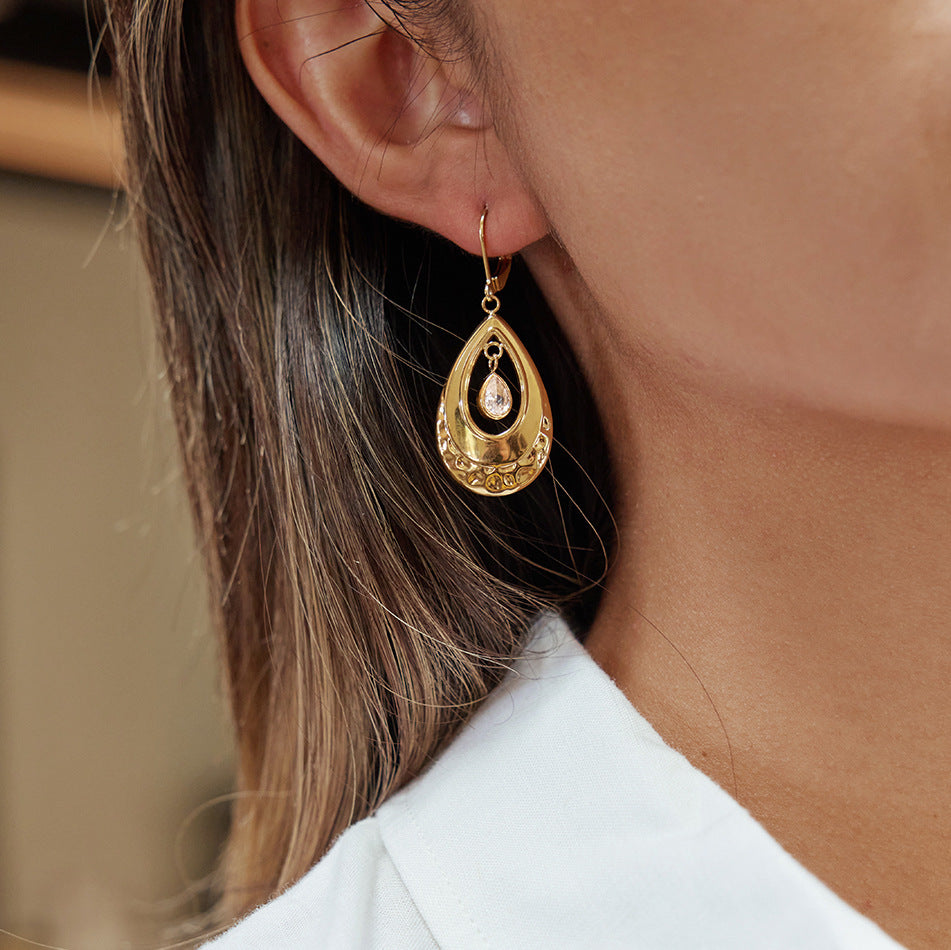 Gold Teardrop CZ Dangle Earrings - Vintage Engraved Statement Jewelry for Women