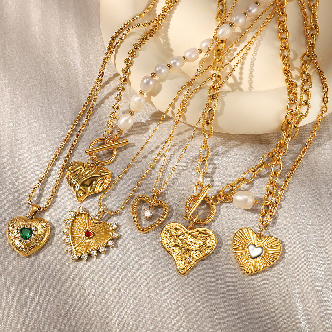 Gold Multi-Style Heart Pendant Necklace Set - CZ Gem Pearl Chain Statement Jewelry for Women