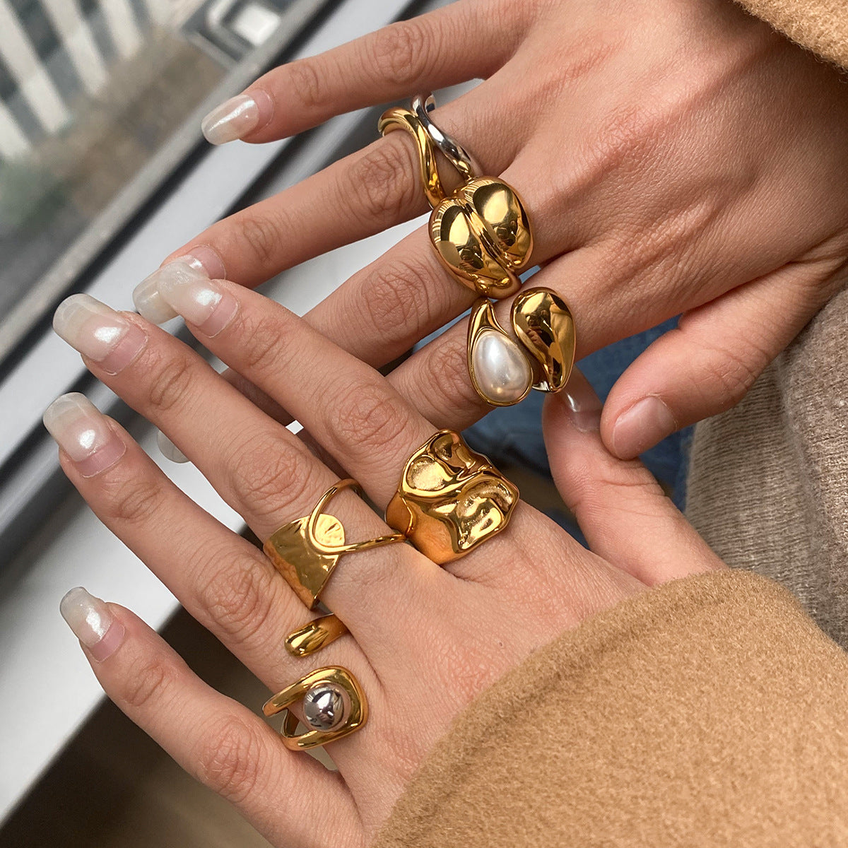 Artistic Gold Statement Ring Set - Abstract Sculptural & Pearl-Embellished Rings for Avant-Garde Women's Fashion