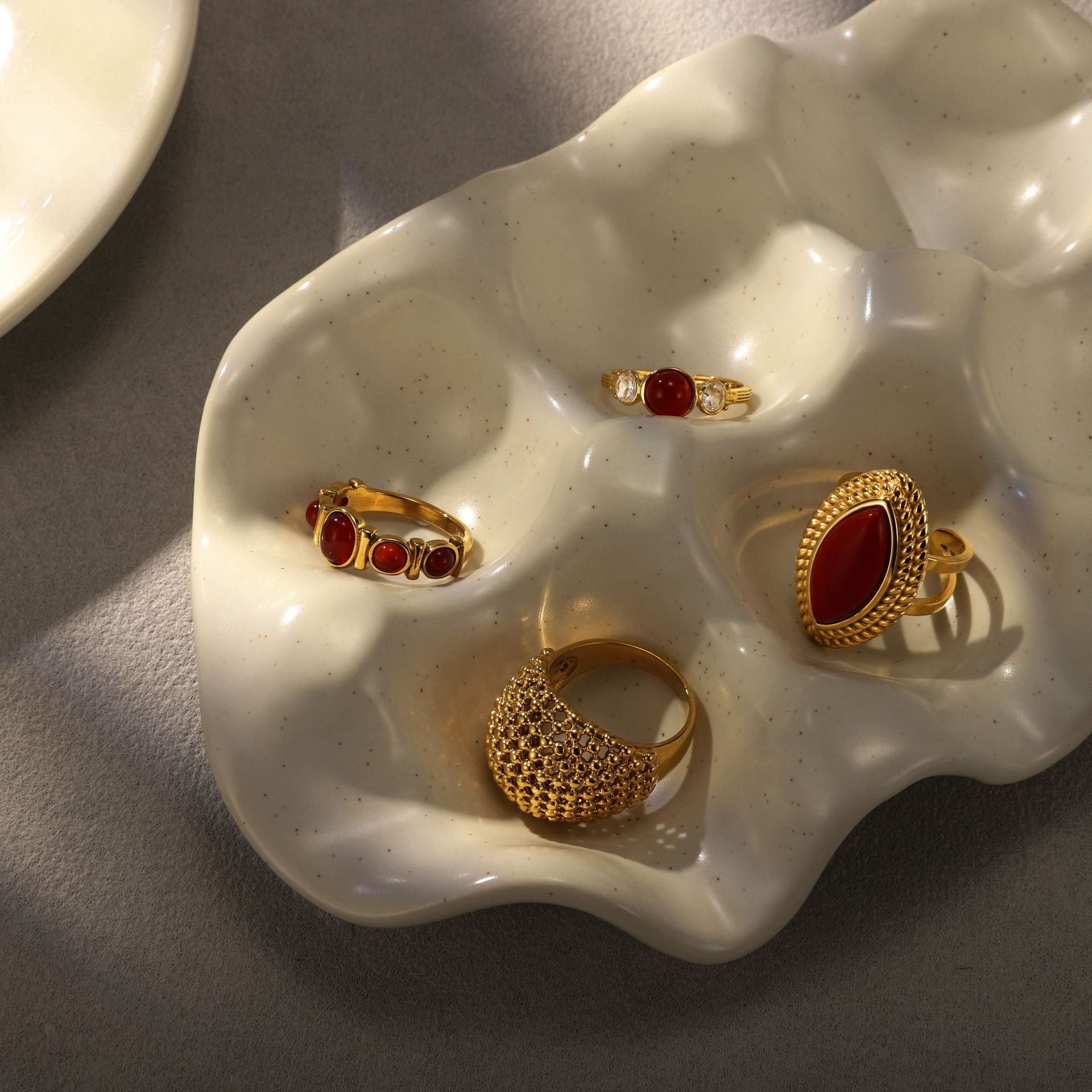 Gold Textured Red Gemstone Stackable Ring Set - Vintage Statement Jewelry for Women