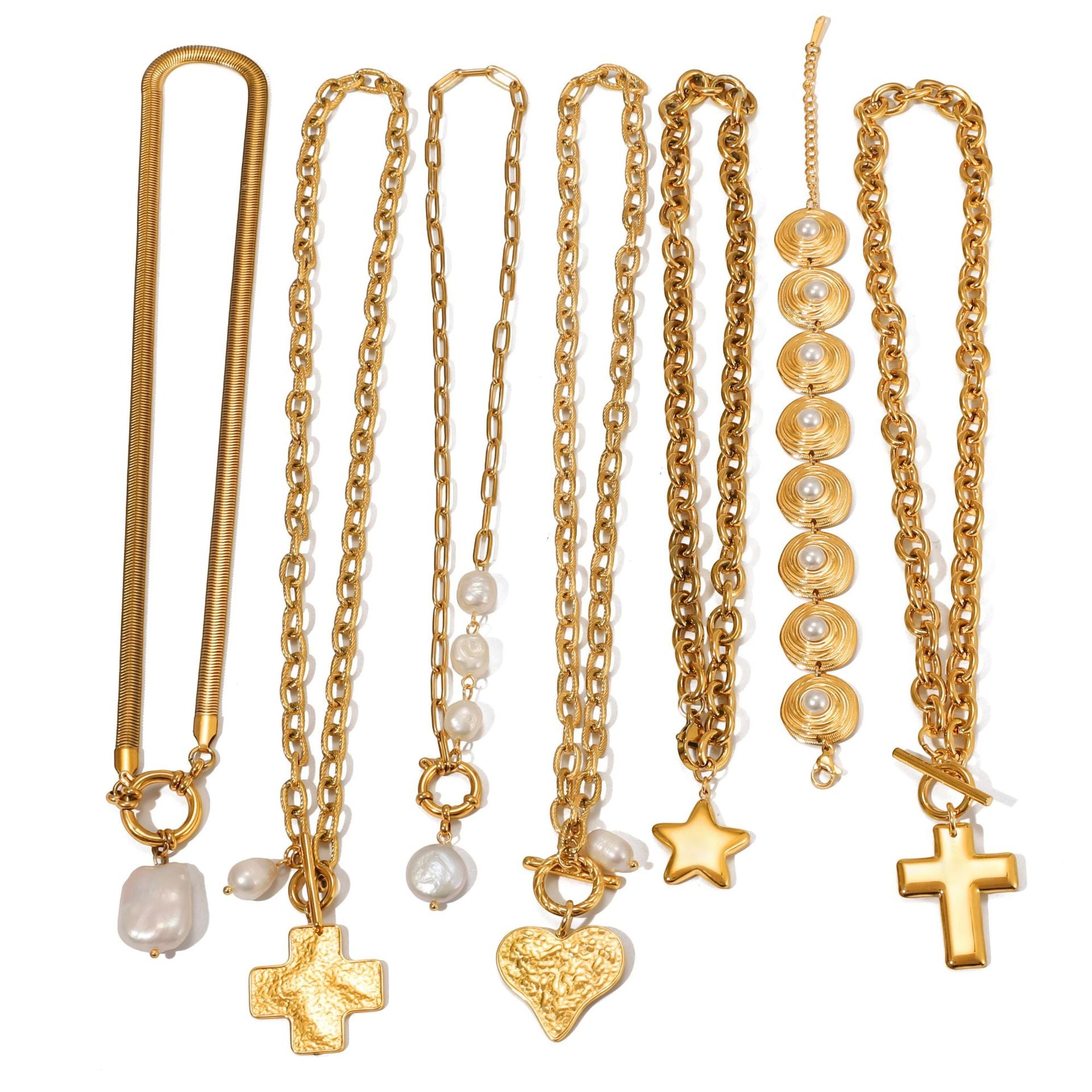 Gold Multi-Style Necklace Set - Pearl/Cross/Heart/Star Pendants (Snake/Curb Chain) Statement Jewelry for Women