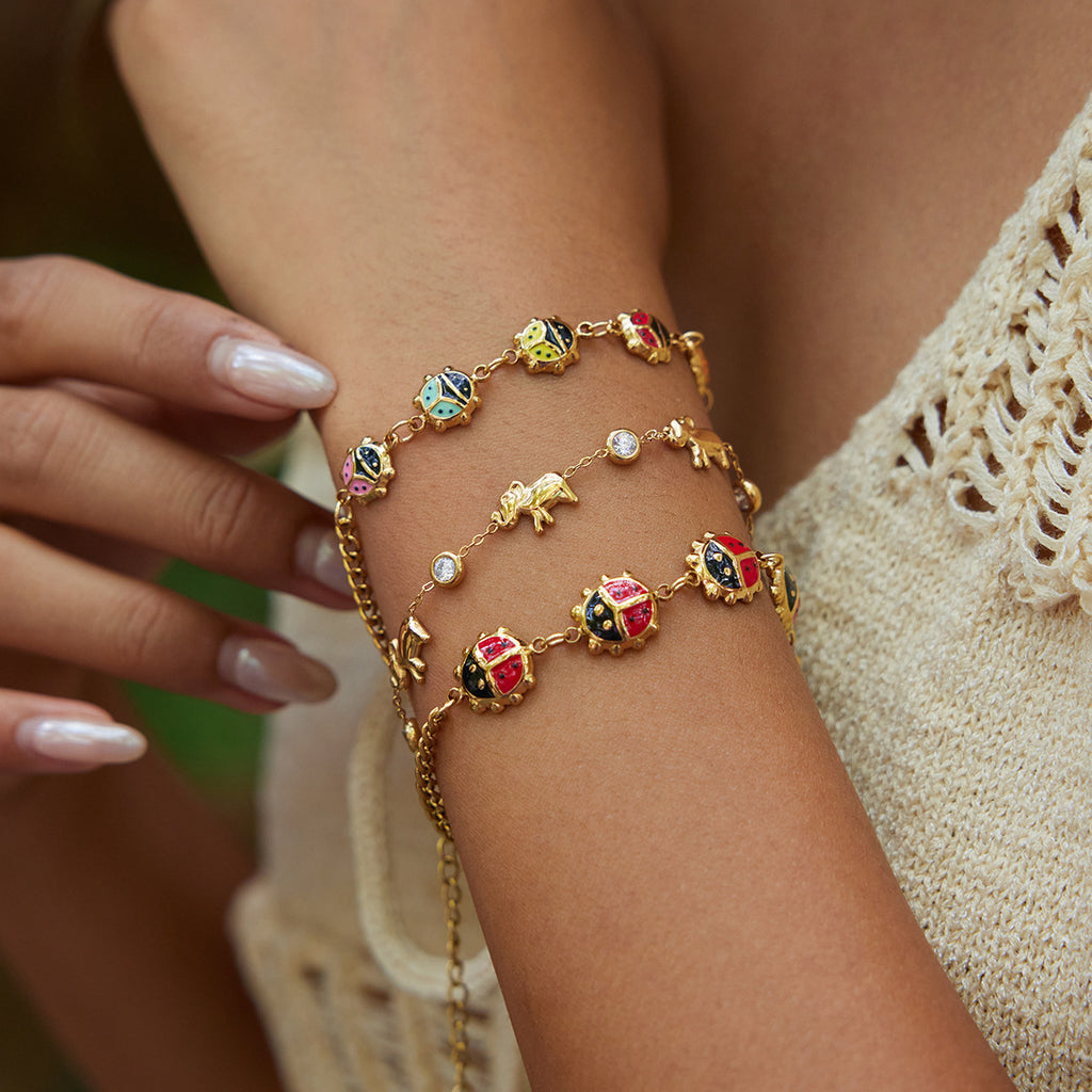 Gold Enamel Ladybug Animal Bracelet Set - Vintage Multi-Style Stackable Charm Bracelets for Women