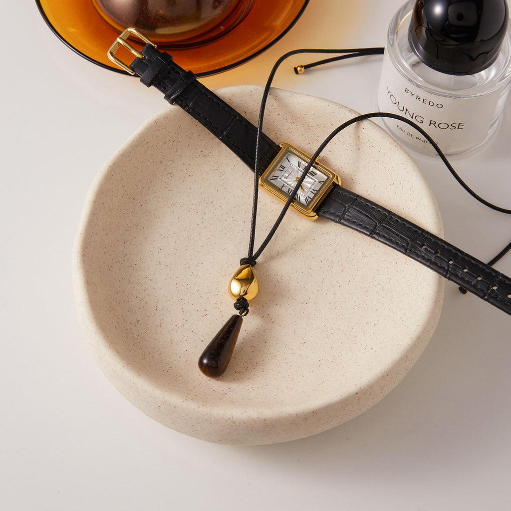 Tiger Eye Teardrop Leather Cord Necklace - Vintage Boho Statement Jewelry for Women