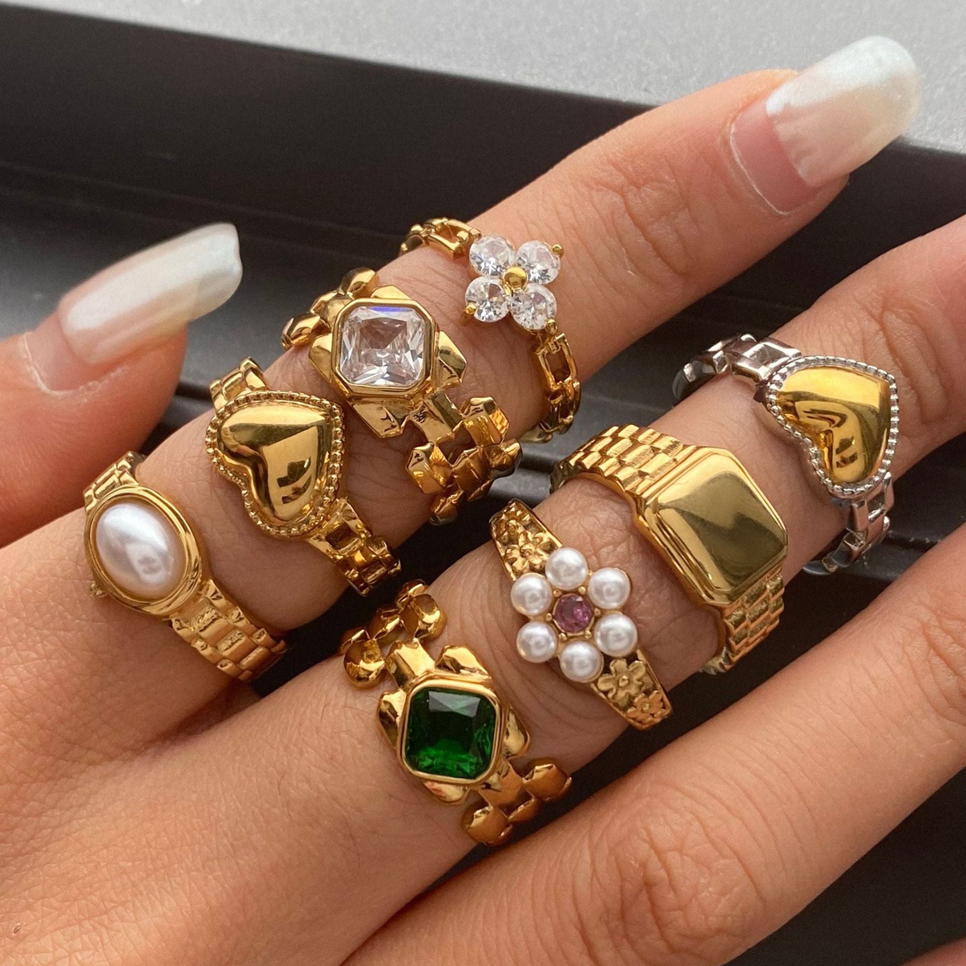 Vintage-Inspired Gold Ring Set - Mixed Gemstone, Pearl & Heart-Shaped Statement Rings for Women
