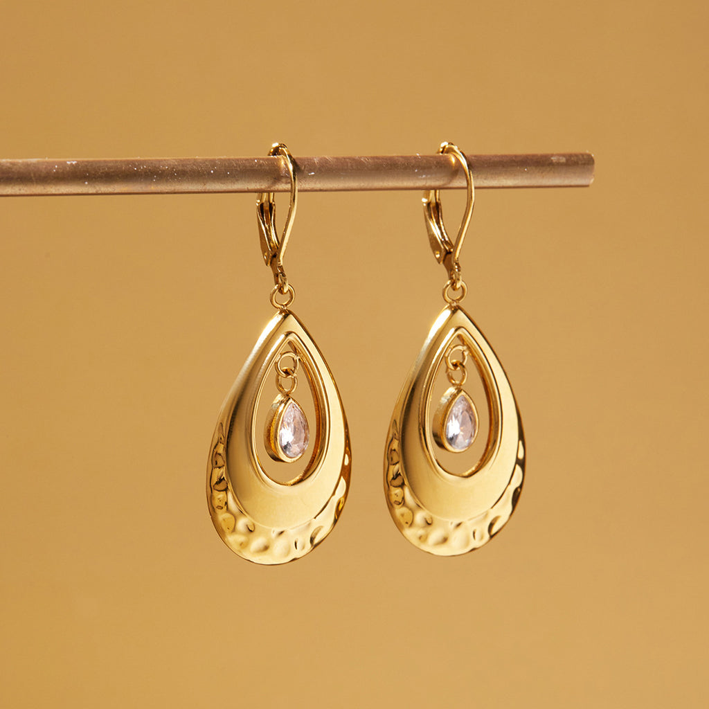 Gold Teardrop CZ Dangle Earrings - Vintage Engraved Statement Jewelry for Women