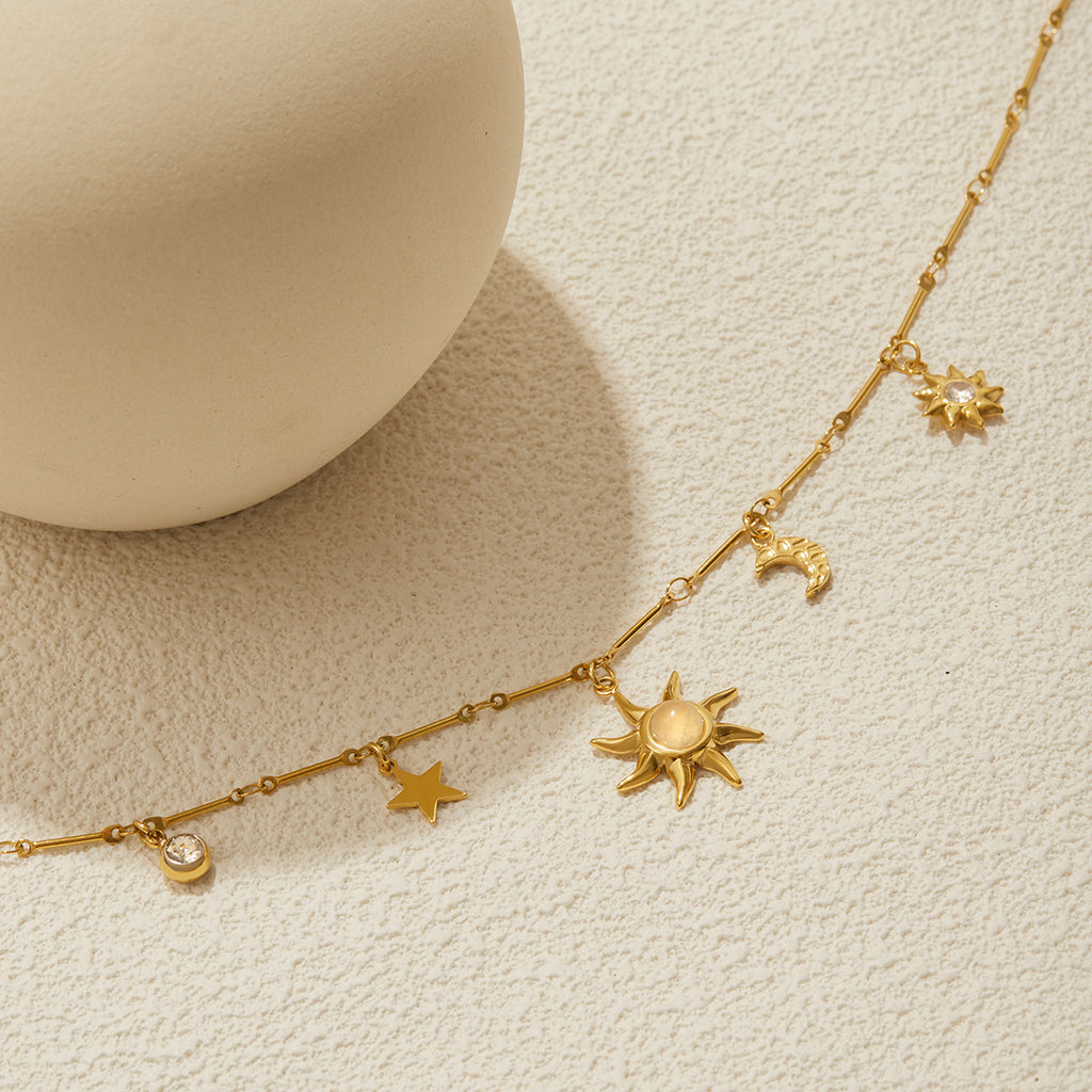 Gold Layered Celestial Necklace Set - Opal Sun/Star/Moon Charms Statement Jewelry for Women