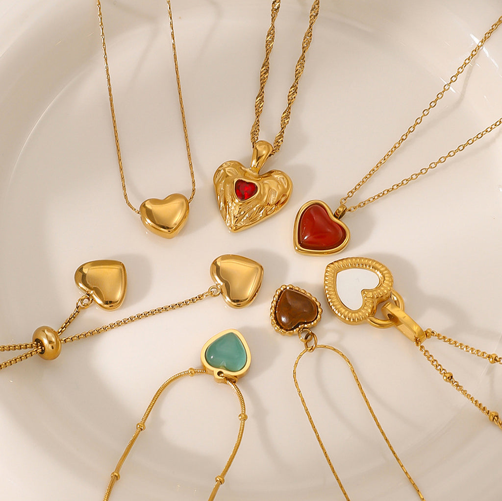 18K Gold-Plated Heart Pendant Layered Necklaces Set | Agate, Turquoise & White Mother-of-Pearl Accent Jewelry | Trendy INS-Style Dainty & Chunky Heart Necklaces for Women | Versatile Daily Wear & Party Layered Jewelry Collection